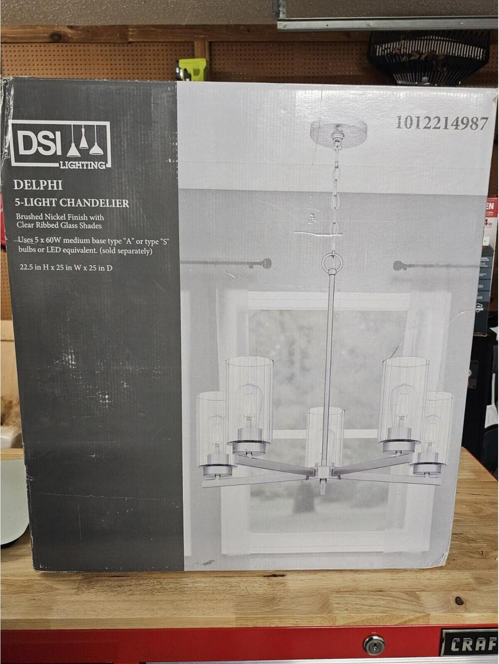 Delphi 5-Light Brushed Nickel Chandelier Clear Glass Shades NiB 189.99 Retail